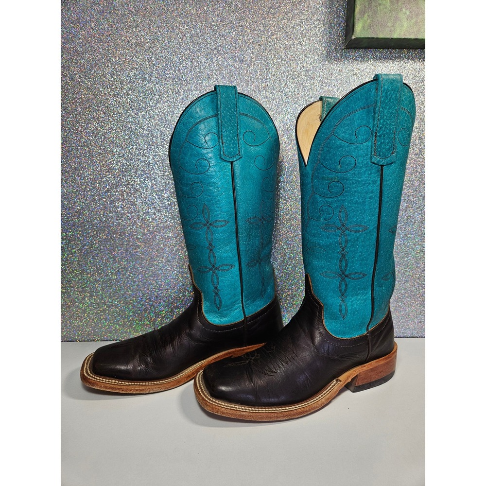 ANDERSON Bean Women's 6B Brown Turquoise Leather Square Toe Cowboy Western Boots - Picture 3 of 9